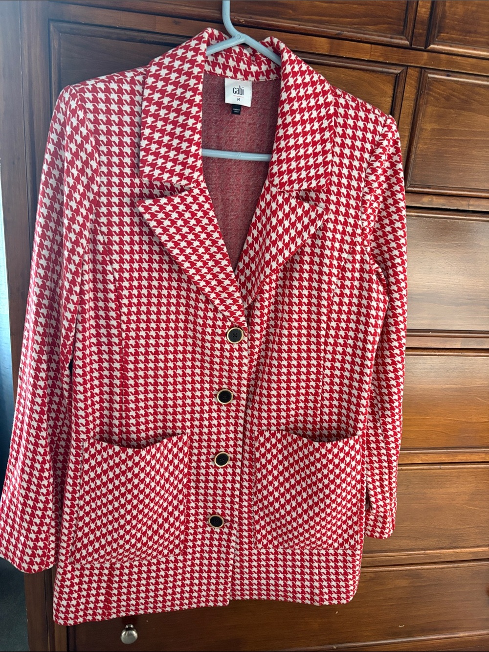 CAbi Red and White Houndstooth Blazer with Gold Buttons